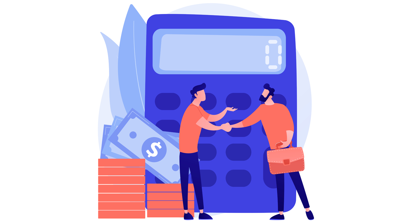 Calculator with number. Financial deal. Confirming with handshake. Calculating operation, audit, venture capital. Economical partnership. Vector isolated concept metaphor illustration.